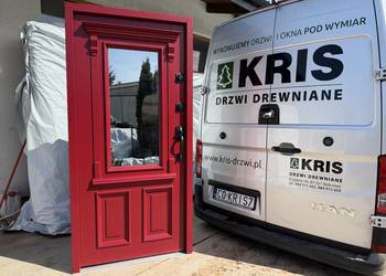 Drzwi zewnętrzne drewniane Anerykańskie klamka schlage czerwone C POLSKA