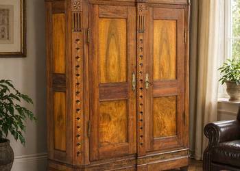 Duża antyczna szafa XIX w., lite drewno, intarsje, do wnętrz vintage / loft