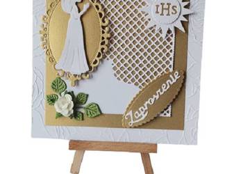 ZAPROSZENIA KOMUNIA DZIEWCZYNKA W RAMCE KORONKOWEJ K4 ZŁOTO - BIEL