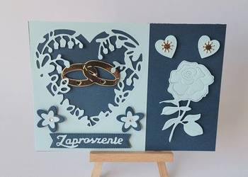 ZAPROSZENIA ŚLUB OBRĄCZKI W SERCU KORONKA B6 GRANAT – BŁĘKIT - ZŁOTO