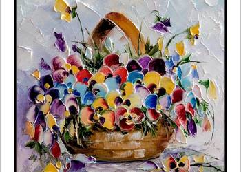 Kowalik - Bratki w koszu - 30x30cm Obraz Olejny Kwiaty Bukiet