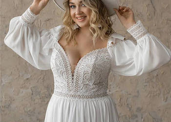 Suknia ślubna linia A wiązana z bufiastymi rękawami 46 XXXL,