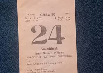 Kartka z kalendarza ściennego - zdzieraka, 24 czerwca 1991 r.