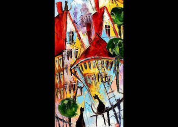 Kowalik - Kocie miasteczko XI - 20x40cm Obraz Olejny Abstrakcja Koty Kot
