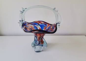 Stary kolorowy wazon, koszyk szkło kolorowe design PRL 1970