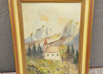 97 Stary obraz olej na płycie pejzaż górski kościół 30x38cm