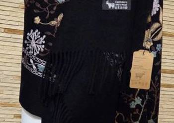 Piękny szal boho haft 50%kaszmir 50% wełna duży rozmiar 200x70 czarny niebi