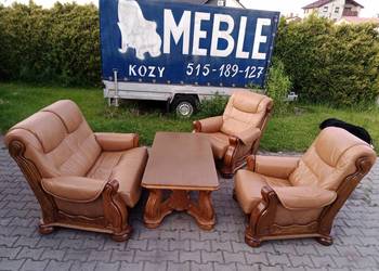Komplet Wypoczynkowy VEGA 2+1+1 i Ława , Dąb - Skóra Brąz