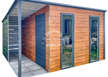 Domek ogrodowy 3x3m + wiata 1m Drzwi - 2x Okno Orzech Antracyt ID686