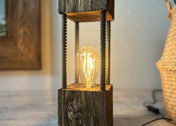 Lampa loft drewniana vintage 42 cm – stojąca, industrialna, LED