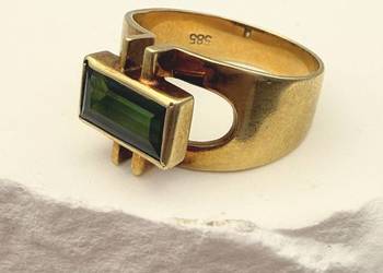 Wykwintny Złoty Pierścionek Vintage Modernist 585 z Ciemnozielonym Turmalin