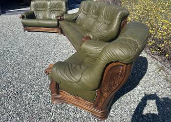 Piękny w idealnym stanie wypoczynek ze skóry-oliwka na dębowym stelażu-321