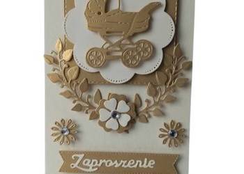 ZAPROSZENIA CHRZEST ŚWIĘTY WÓZEK W SERWETCE LIŚCIE C6 ZŁOTO - ECRI