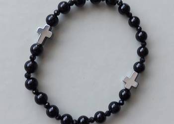 Bransoletka męska unisex kamienie różaniec czarny turmalin onyks krzyżyk