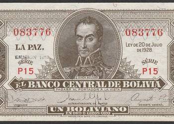 BOLIWIA  1 BOLIVIANO 1928/1952 - STAN BANKOWY UNC