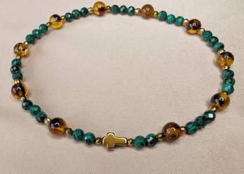 Bransoletka różaniec kamienie malachit bursztyny krzyżyk prezent pamiątka