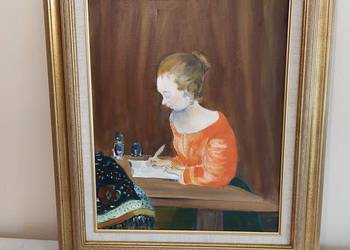 Obraz olejny "Kobieta pisząca list" Santerre – Duża złota rama 69x59 cm