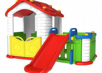 Domek ogrodowy dla dzieci ze zjeżdżalnią i ogródkiem