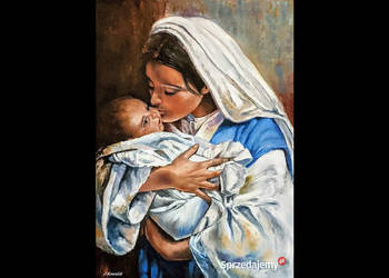 Kowalik - " Maryja z dzieciątkiem, pocałunek " - 50x70cm Obraz Olejny