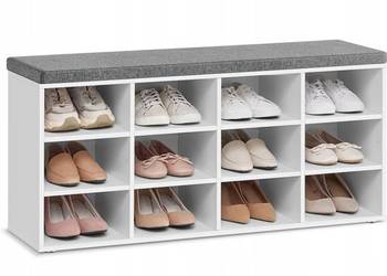 Biała szafka na buty z siedziskiem – 12 półek, regulowane przegródki