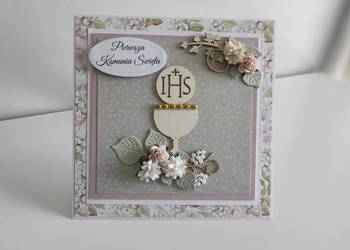 Kartka ręcznie robiona Komunia Święta pistacjowa