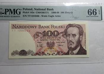 100 złotych 1988 TT - PMG 66 - bardzo rzadka numeracja 123456x