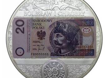 GIGANT 70 mm Moneta Banknot Srebro 20 zł Bolesław Chrobry + CERTYFIKAT