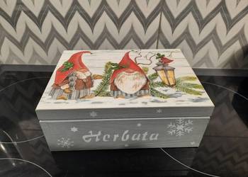 Herbaciarka świąteczna skrzaty pudełko na herbatę decoupage