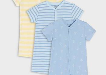 Rompery Sinsay 62 bawełna rampers pajacyki 3pack niebieskie żółte