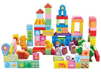 Drewniane klocki edukacyjne - zestaw farma 100szt Ecotoys