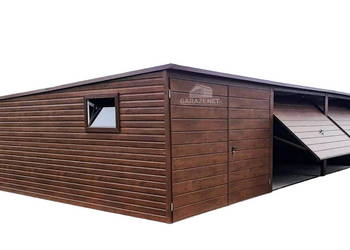 GARAŻ BLASZANY 12M X 5M POZIOM - SPAD TYŁ 4X BRAMA CIEMNY ORZECH 12X5 GB207