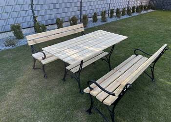 Zestaw ogrodowy drewniany stół + 2 ławki żeliwne nogi 150 cm