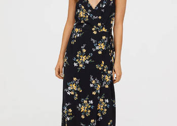 Sukienka H&M czarna żółte kwiaty 46 3XL plus size wiskoza floral maxi długa
