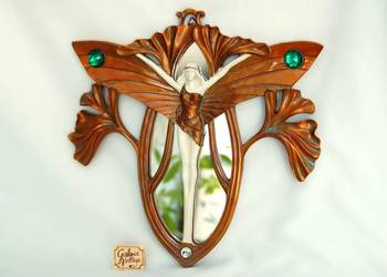 Lustro secesja, art nouveau, vintage, kobieta, motyl, liście miłorzębu