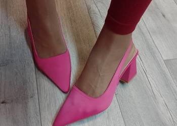 (39/40) Różowe czółenka wieczorowe z odkrytą piętą, NOWE