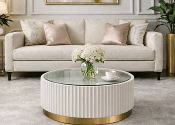 Stolik kawowy ryflowany biały okrągły złoty z szybą Livino Glamour Premium…