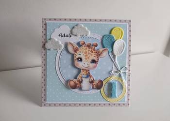 Kartka ręcznie robiona na urodziny żyrafa w aucie handmade