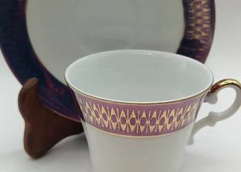 Filiżanka ze spodkiem porcelana kostna biała w śliwkowo złotej kolorystyce