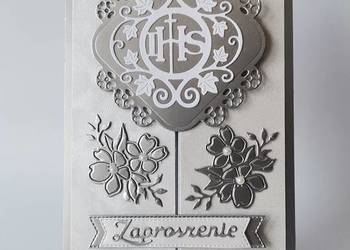 ZAPROSZENIA KOMUNIA UNIWERSALNE IHS W KWIATACH B6 SREBRO