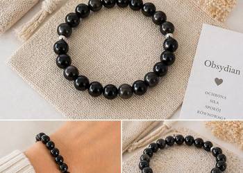 Bransoletka obsydian naturalny czarna damska męska elastyczna unisex