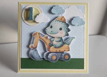 Kartka ręcznie robiona na urodziny roczek dinozaur koparka handmade