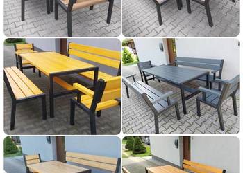 Stół ogrodowy drewniany loft 2 ławki 2 fotele metal