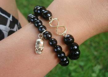 Bransoletka damska -Onyks czarny fasetowany + symbol nieskończoności