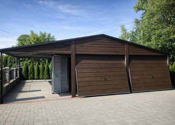 Garaż blaszany dwustanowiskowy 6x7 z wiatą 3m Ciemny Orzech PREMIUM