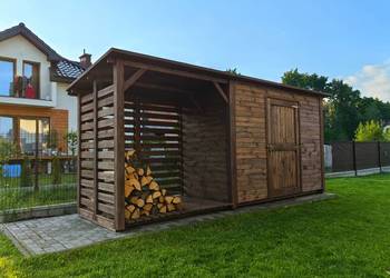 Domek ogrodowy drewniany 3x1,5m z drewutnią na drewno opałowe 2 x1,5m