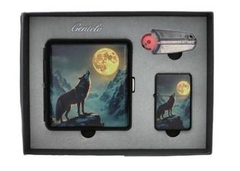 Zestaw z Motywem Wilka – papierośnica, zapalniczka, knot, kamienie