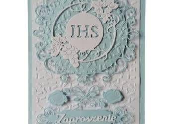 Zaproszenia Komunia Chłopiec Ihs Z Winogronem Ramka – B6 – Błękit – Biel