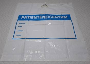 Reklamówka biało niebieska, cienka, Patienteneigentum, 60x60cm (torba)