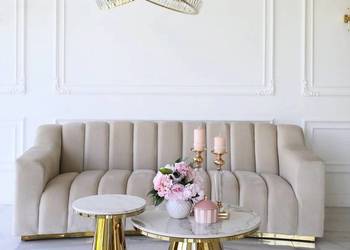 Ekskluzywna Sofa LONDON Beżowa Glamour 3 os. Złote Nogi -Welur Plamoodporny