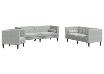 3-cz. wypoczynek Chesterfield z wałkami jasnoszary aksamit WM-3209281